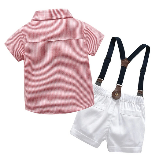PINK STRIPED SHIRT WITH BOW AND WHITE SUSPENDER SHORTS