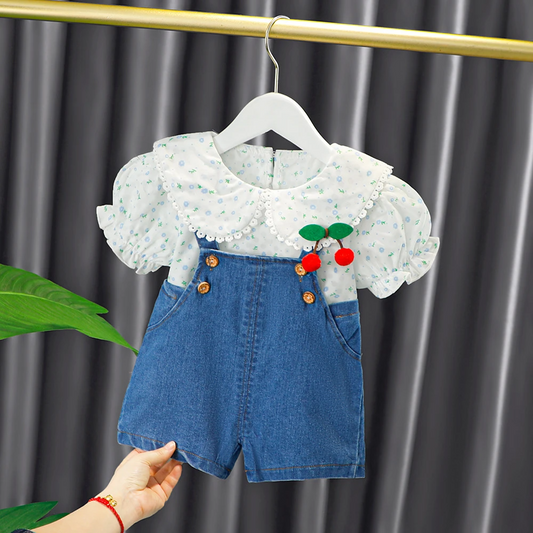 FLORAL DOLL COLLAR TOP AND DUNGAREE SET