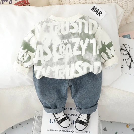 Boys Typography Sweatshirt And Denim Set