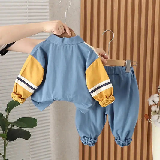 Boys Trendy Colorblock Shacket, Tee and Pants 3 Pcs Set