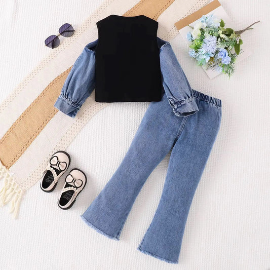 Girls Top with Denim Bow & Flared Jeans