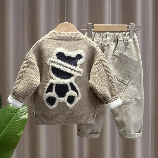 Boys Brown Sweater with T-shirt And Trouser 3 Pcs Set