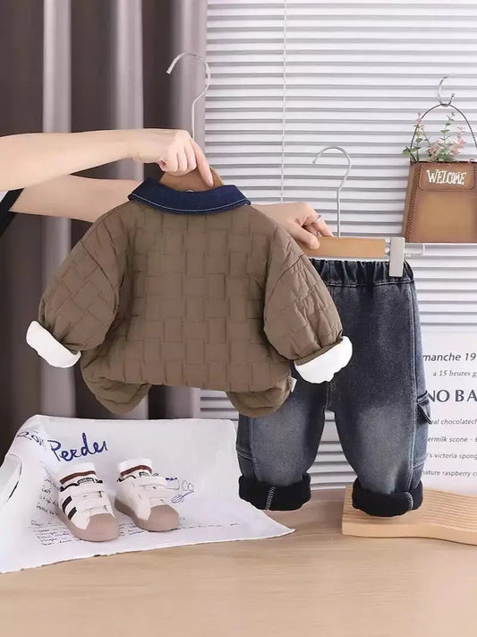 Boys Quilted Denim Patch Jacket & Winter Jeans Set