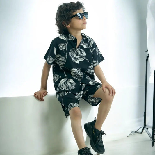 Boys Black Floral Printed Co-ord Set
