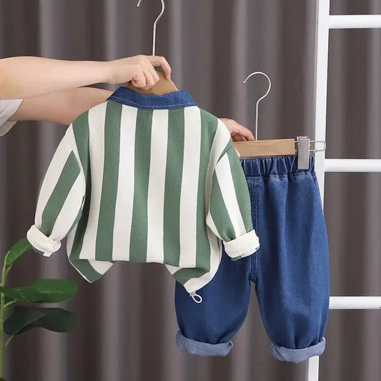 Boys Striped Polo Neck T-shirt And Jeans Set