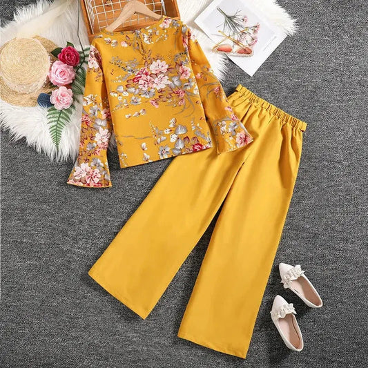 Girls Yellow Floral Printed Top And Pants 2 Pcs Set