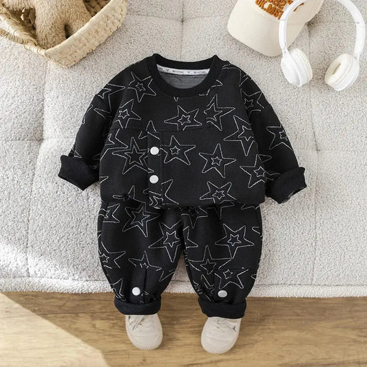 Boys Black Starry Co-Ord With Button Details