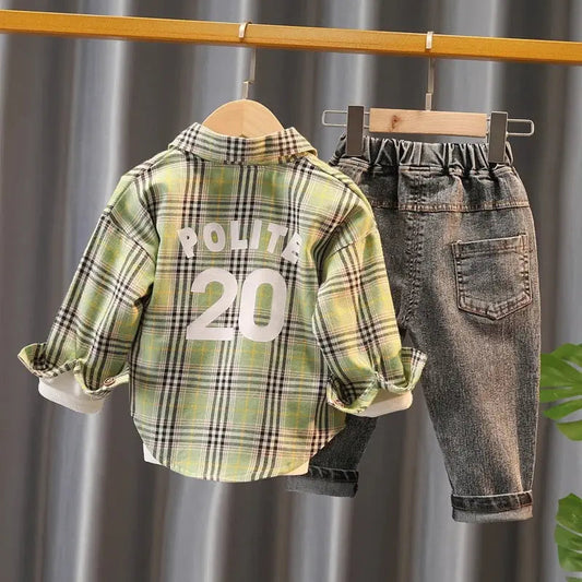 Boys Green Checkered Shirt With T-Shirt And Jeans