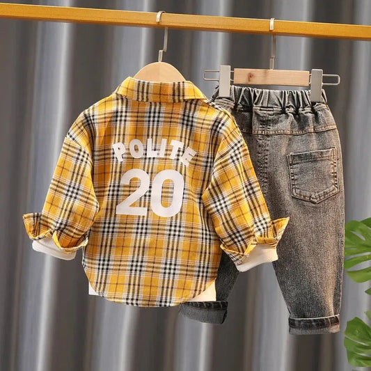 Boys Checkered Shirt With Text Printed T-Shirt And Jeans