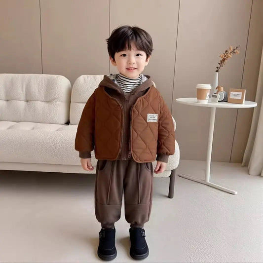 Boys Quilted Brown Jacket With Sweatshirt & Jogger Set