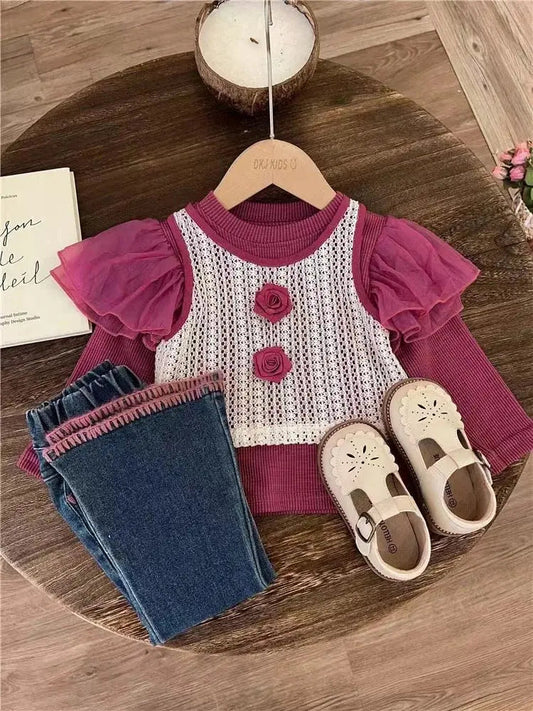 Girls Purple Top And Jeans Set