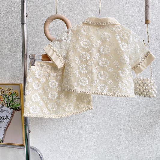 Bow embroidered top and shorts set