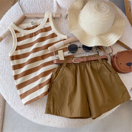 Striped sleeveless top and belted shorts set
