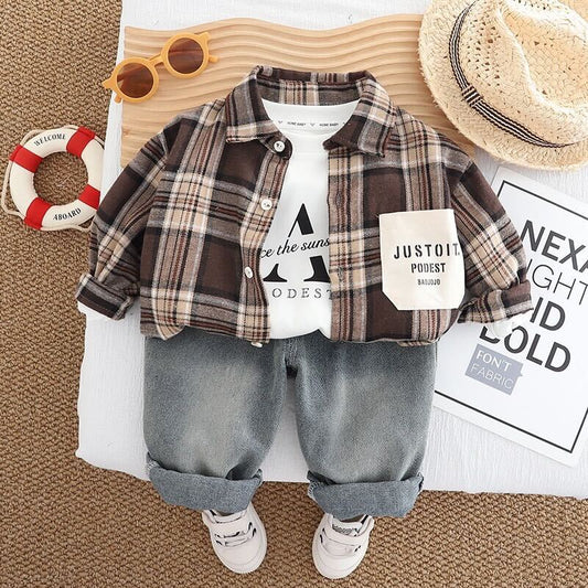 Flannel shirt and denim three piece set