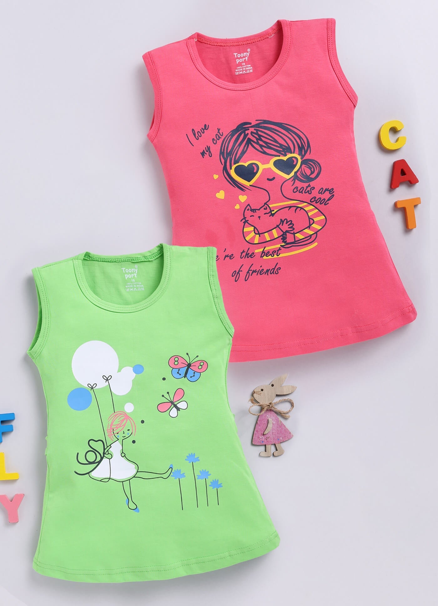 Toonyport Pack OF 2 Cotton Printed A-line Frocks For Girls