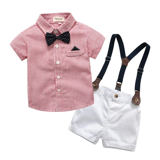 PINK STRIPED SHIRT WITH BOW AND WHITE SUSPENDER SHORTS
