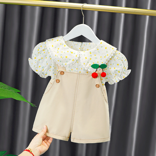FLORAL DOLL COLLAR TOP AND DUNGAREE SET