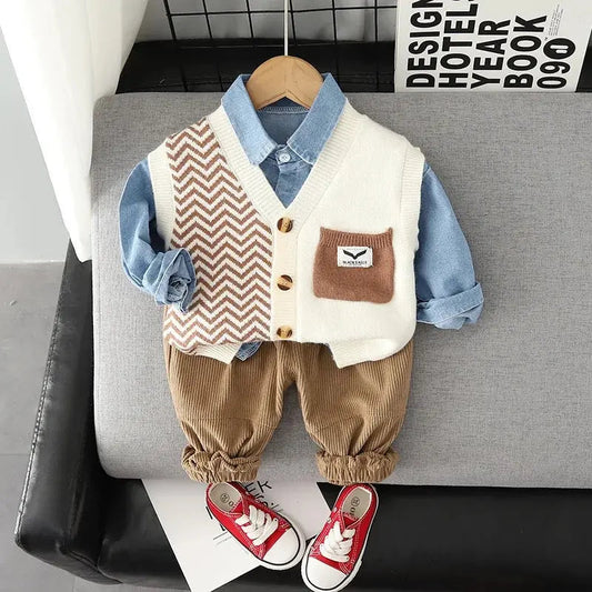 Boys Designer Sweater with Shirt And Jogger 3 Pcs Set