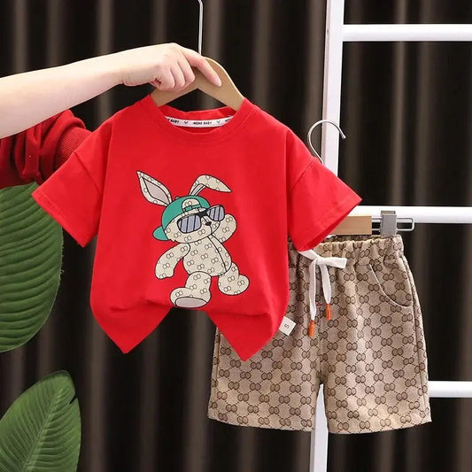 Boys Red Cartoon Printed T-shirt And Shorts 2 Pcs Set