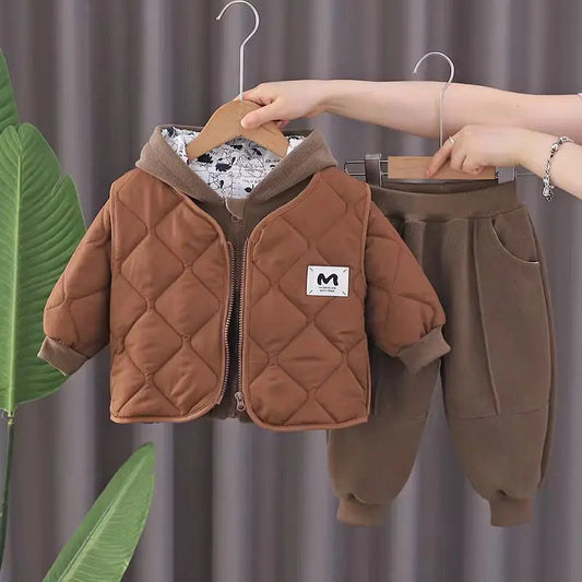 Boys Quilted Brown Jacket With Sweatshirt & Jogger Set