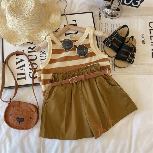 Striped sleeveless top and belted shorts set