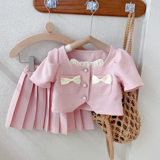 Double bow top and pleated skirt set