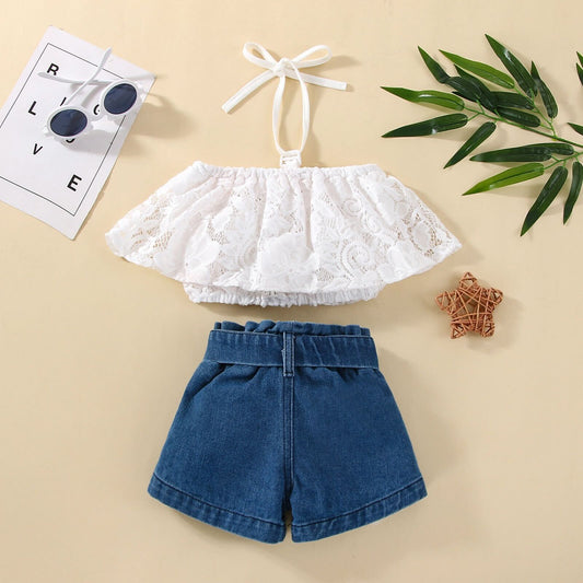 Lace top denim shorts set