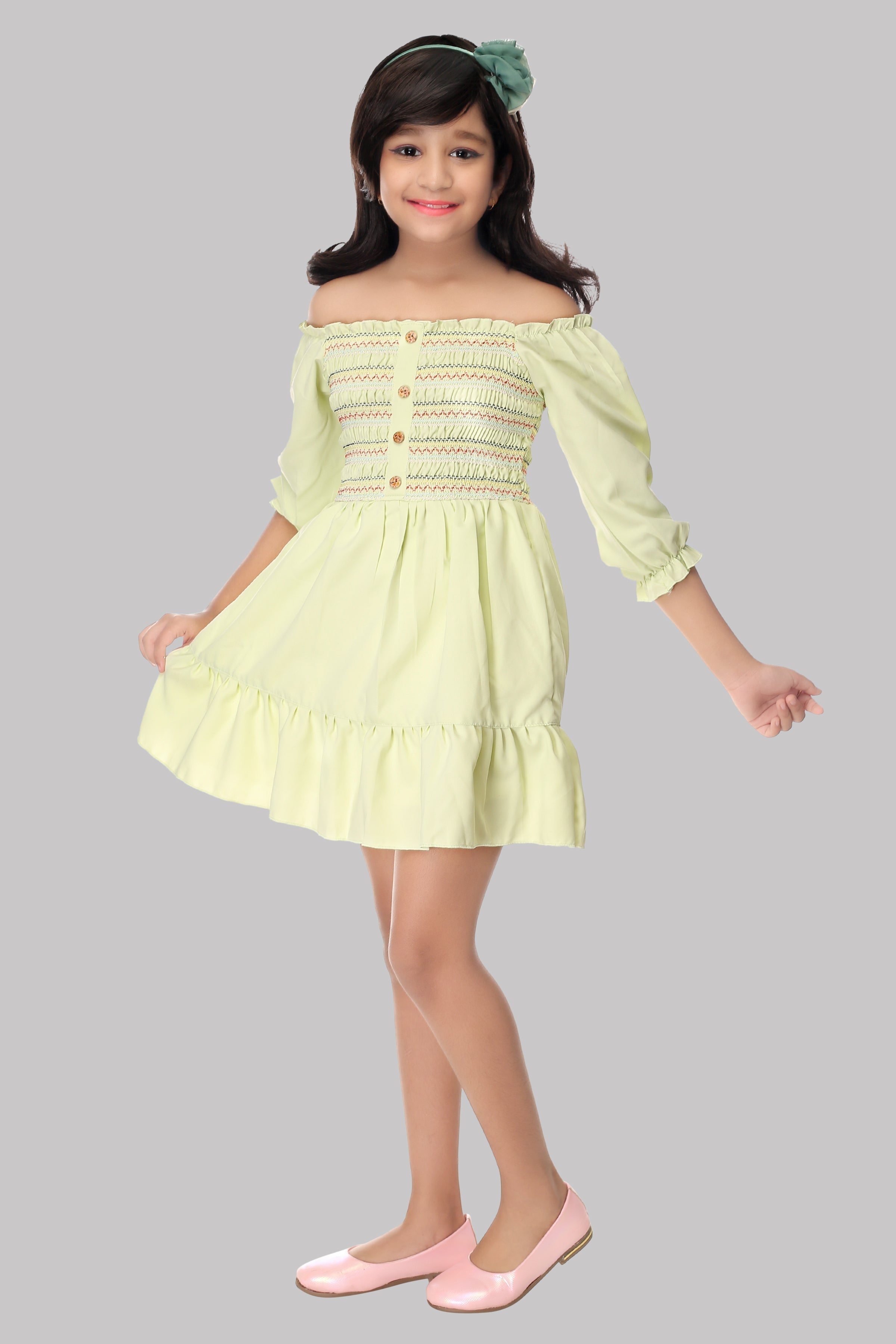 Toonyport Solid Design Off Shoulder Lycra Frock Dress for Girls - Light Green