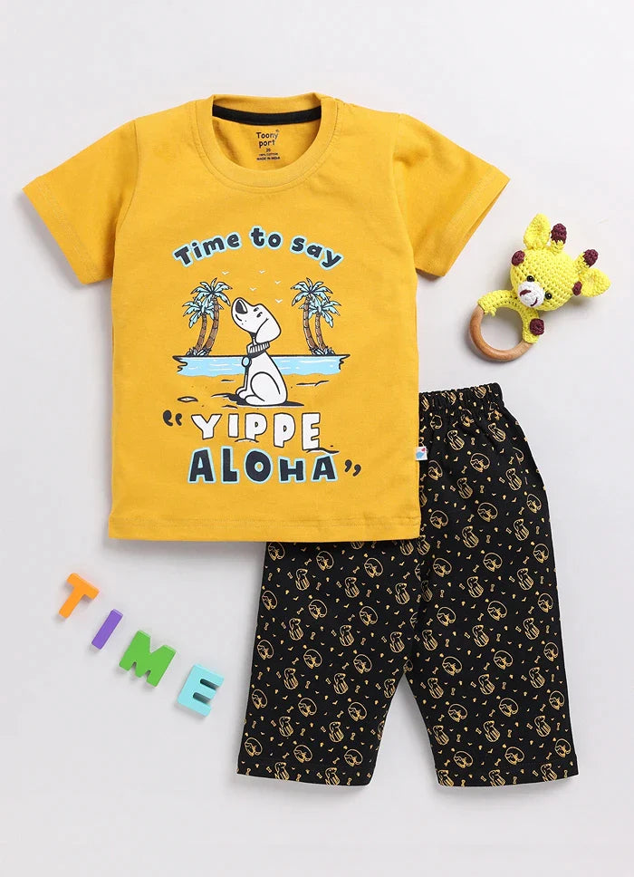 Toonyport Animal Printed Cotton T-Shirt & Three Quarter Pant Summer Set For Boys